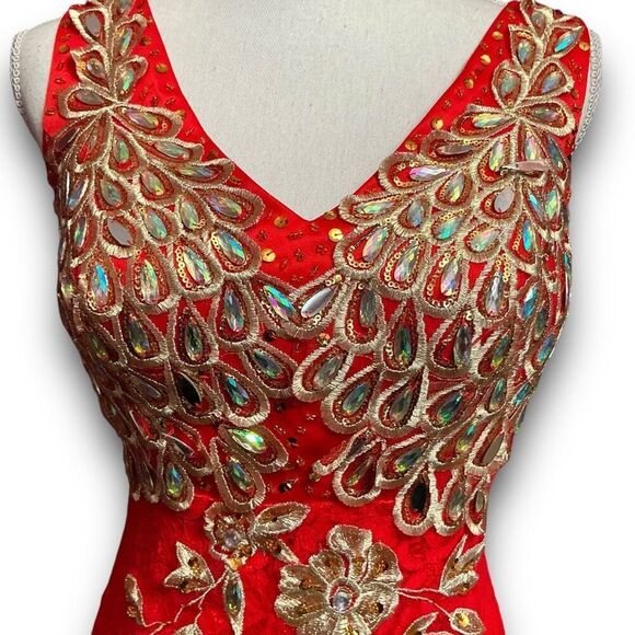 Vintage Elegant Red and Gold Lace Embroidered Peacock Lace Maxi Dress - Picture 2 of 15